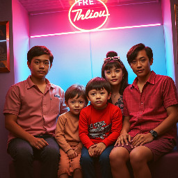 @Create image “Turn this family photo into an authentic 1980s retro portrait. Keep everyone’s faces and poses recognizable, with vintage 80s clothing, warm film tones, soft flash, analog grain, and a classic studio-photo aesthetic.”