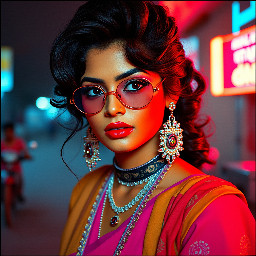 Make the image look as though it was genuinely photographed in India during the 1980s on an analogue camera. Use realistic film grain, slightly faded colours, soft focus, natural skin texture and authentic period photography.  Do not add smartphones, modern buildings, contemporary clothing, modern cars or other present-day objects.  Most importantly, do not make this look like a modern photograph with an Instagram-style vintage filter. It should look like a genuine 1980s Indian photograph taken several decades ago. Give this a 1980s Bollywood-inspired fashion look, with dramatic hair, bold makeup and glamorous styling while keeping my face recognisable