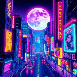Night in the neon city, moon shines