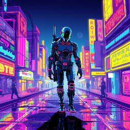 Cyborg with metallic limbs walking on the neon city