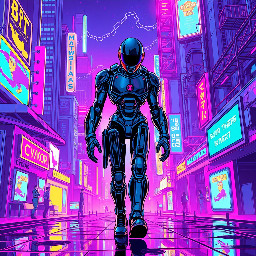 Cyborg with metallic limbs walking on the neon city