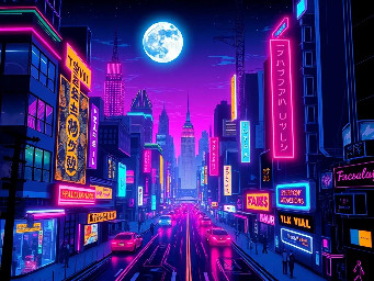Night in the neon city, moon shines