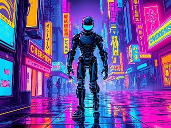 Cyborg with metallic limbs walking on the neon city