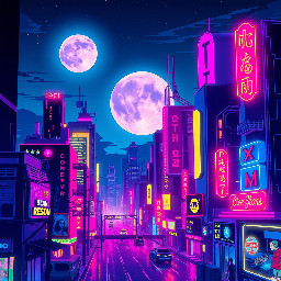 Night in the neon city, moon shines