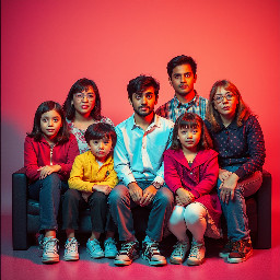 @Create image “Turn this family photo into an authentic 1980s retro portrait. Keep everyone’s faces and poses recognizable, with vintage 80s clothing, warm film tones, soft flash, analog grain, and a classic studio-photo aesthetic.”